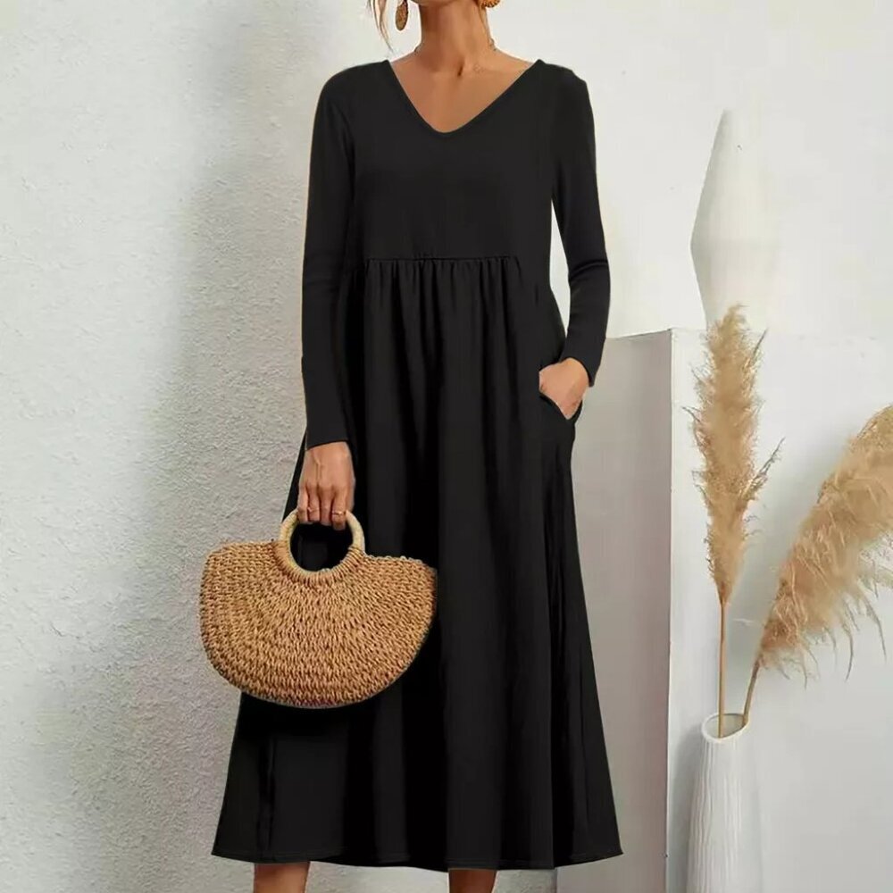V-Neck Long Sleeve Pocketed Midi Dress